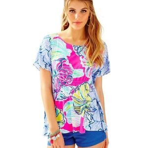 Lilly Pulitzer Kaliko Caftan Top Swept By Tides Royal Pink Floral Peplum Tunic